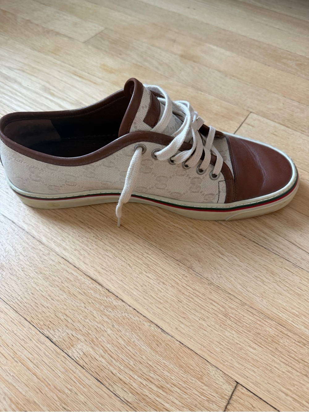 Gucci Cream and Brown Low-Top Canvas & Leather Sneaker